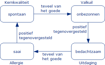 kernkwaliteit: spontaan; valkuil: onbezonnen; uitdaging: bedachtzaam; allergie: saai